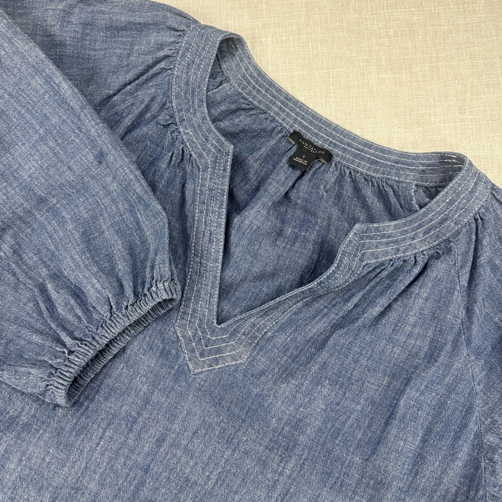 Ann Taylor Factory Tunic Womens Small Blue Chambray Split Neck 3/4 Puff Sleeve